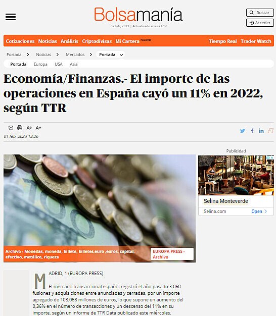 Economa/Finanzas.- El importe de las operaciones en Espaa cay un 11% en 2022, segn TTR